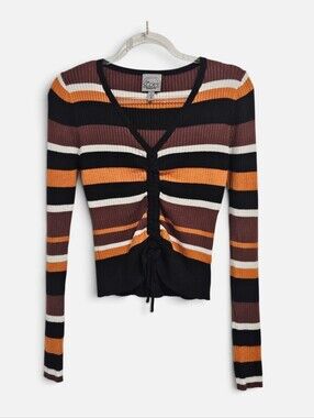 The Slope Brooklyn NY 70's Ribbed Indie Striped Sweater Vneck Ruched Size Small